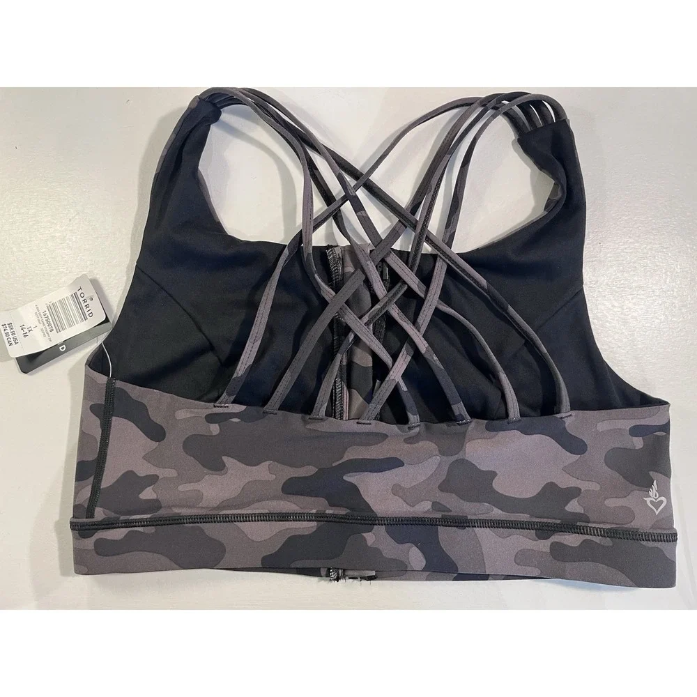 NWT Torrid Happy Camper Camo Zip Front Sports Bra 1X 14/16 Strappy Back Plus